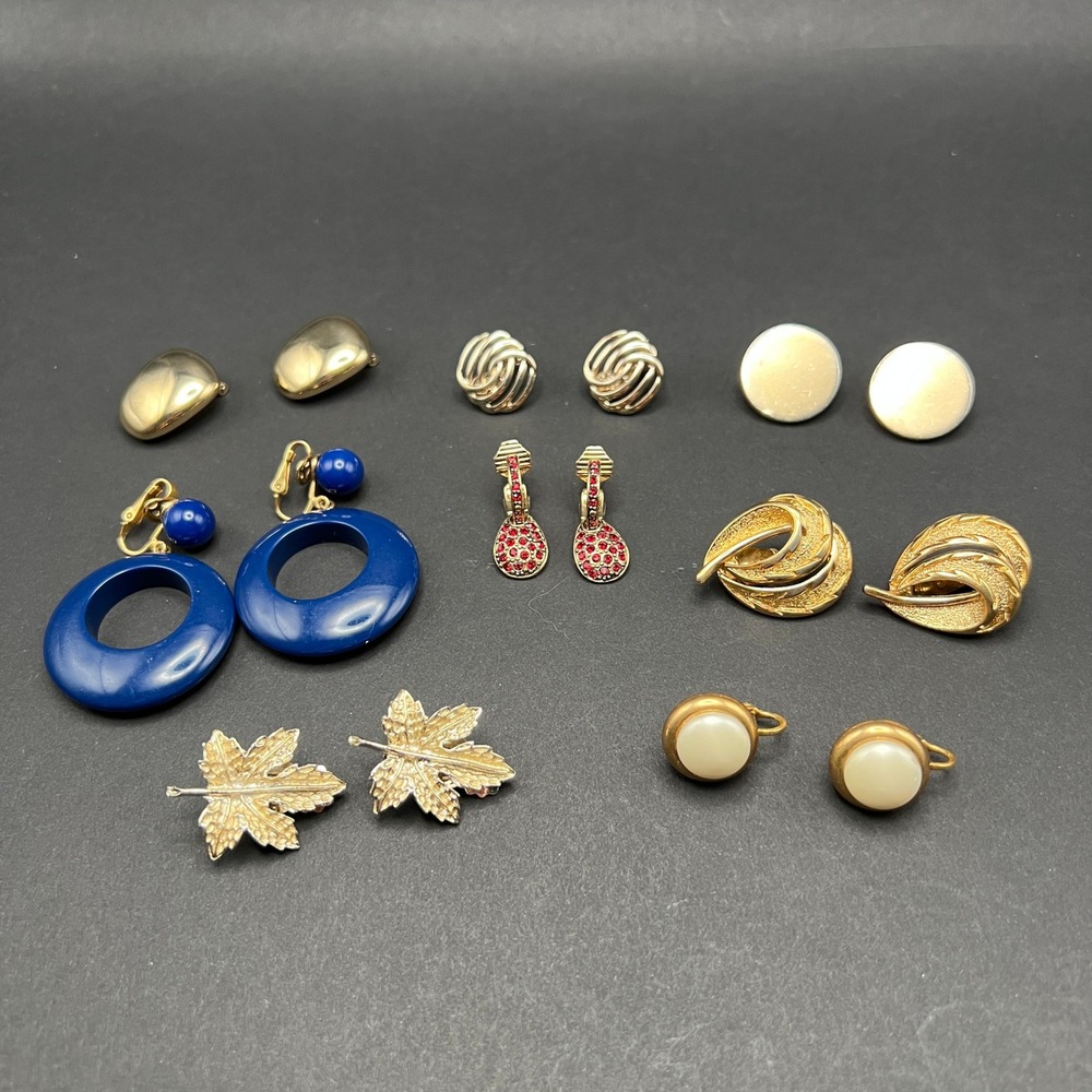 Vintage Clip On Earring Lot Gold Tone Blue Resin Crown Trifari Monet & Others
